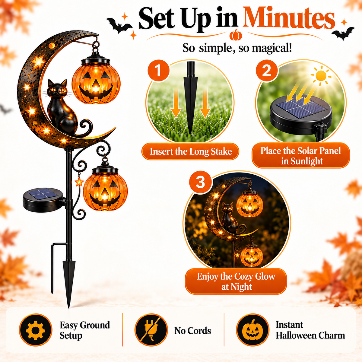 🔥 Magical Solar Halloween Cat & Pumpkin Moon Light –Turn Your Yard Into a Glowing Halloween Display