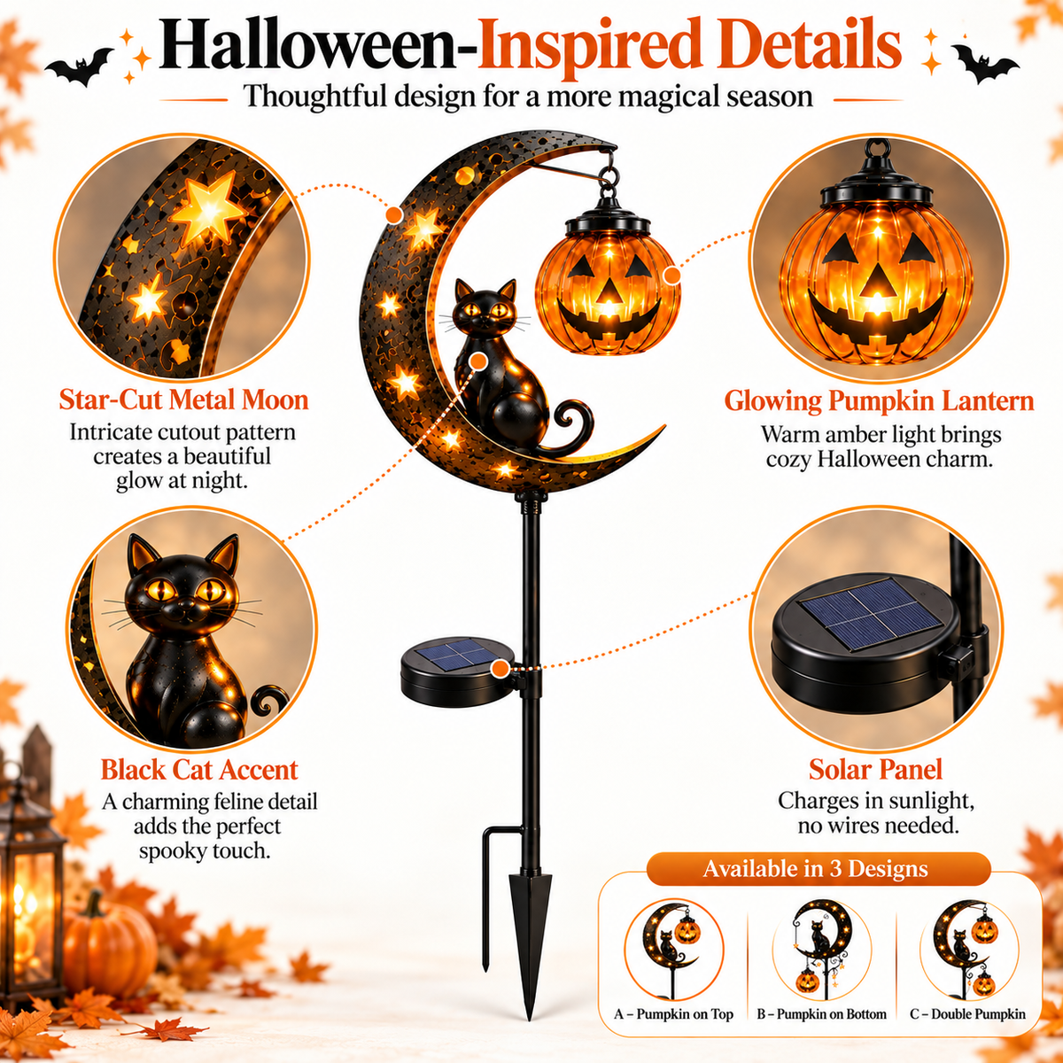 🔥 Magical Solar Halloween Cat & Pumpkin Moon Light –🎃 Turn Your Yard Into a Glowing Halloween Display